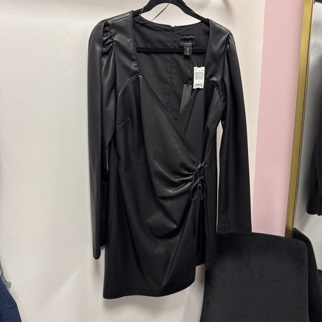 LG House of Harlow 1960 NWT Vegan Leather Mini Dress Square Neckline Long Sleeve Side Tie Wrap