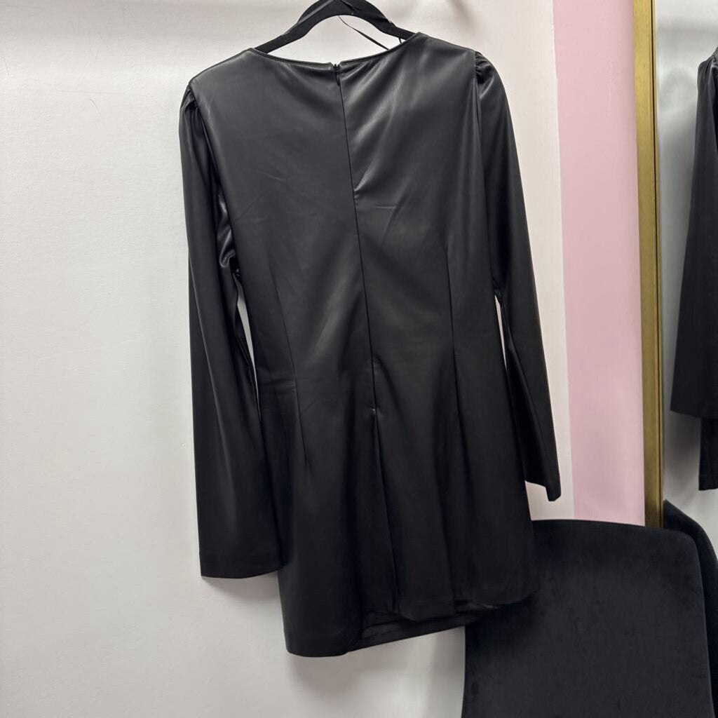 LG House of Harlow 1960 NWT Vegan Leather Mini Dress Square Neckline Long Sleeve Side Tie Wrap