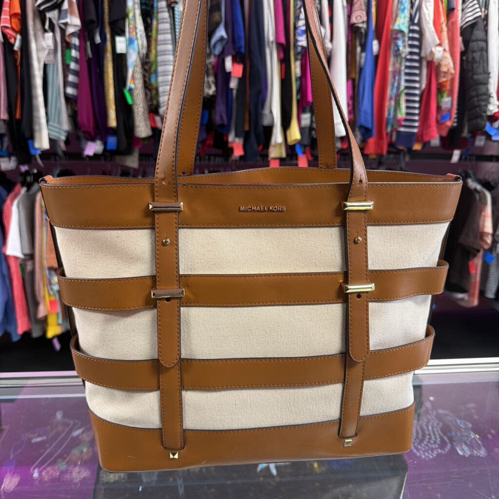 Michael Kors Marie Cage Leather Canvas Tote
