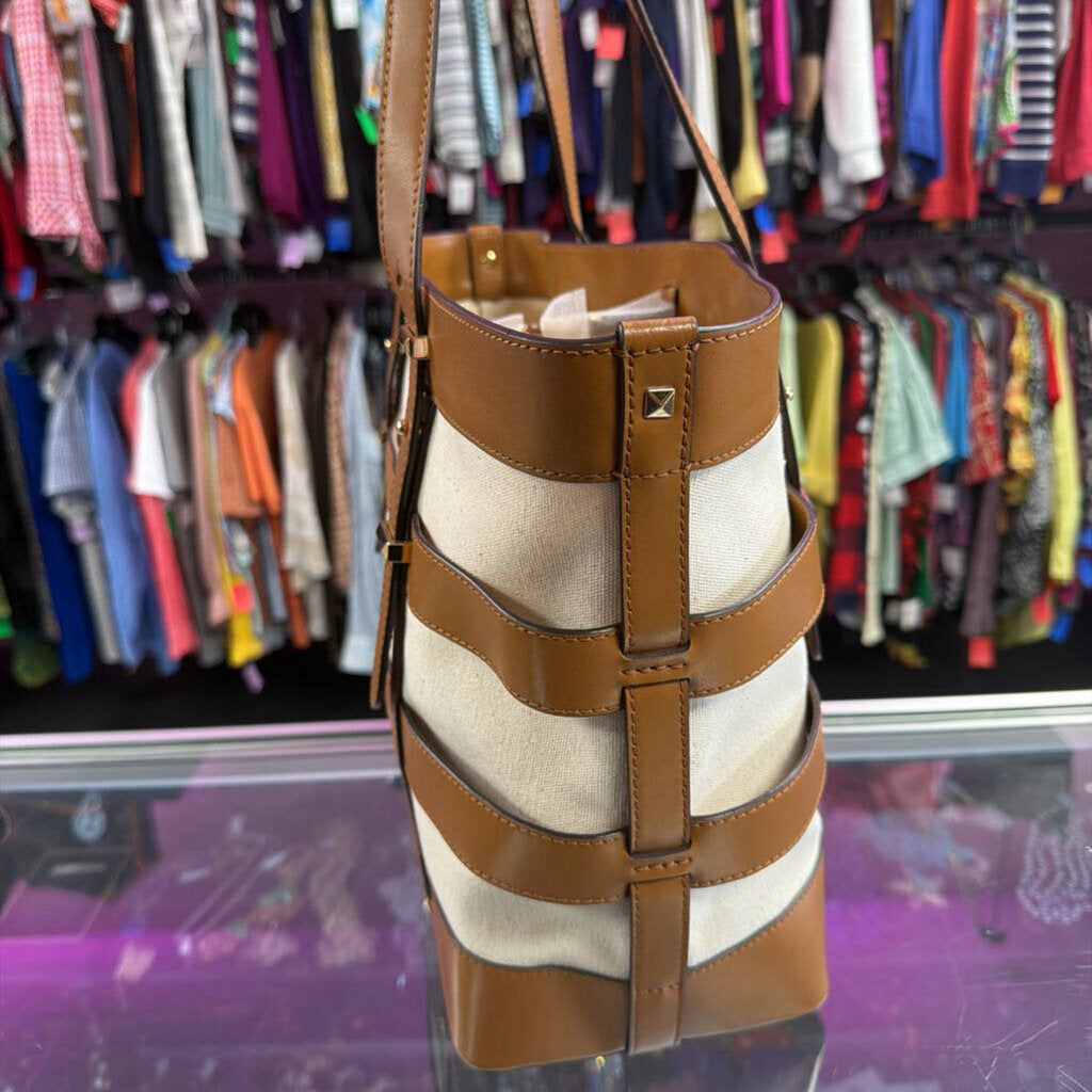 Michael Kors Marie Cage Leather Canvas Tote