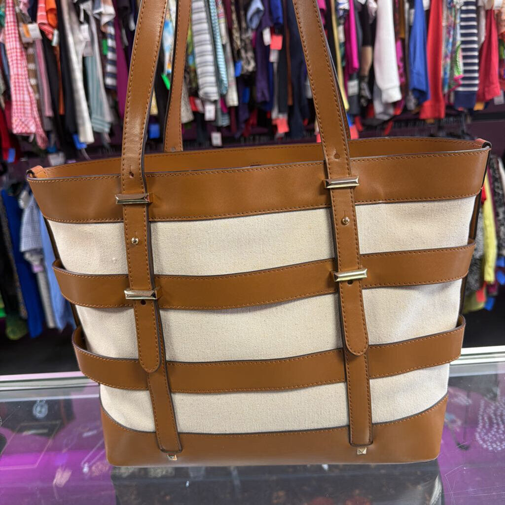 Michael Kors Marie Cage Leather Canvas Tote