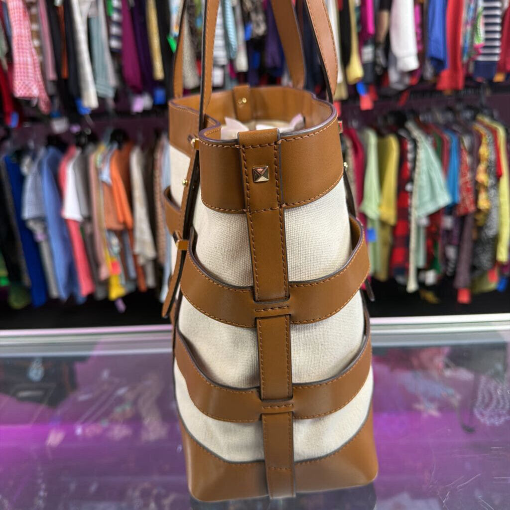 Michael Kors Marie Cage Leather Canvas Tote