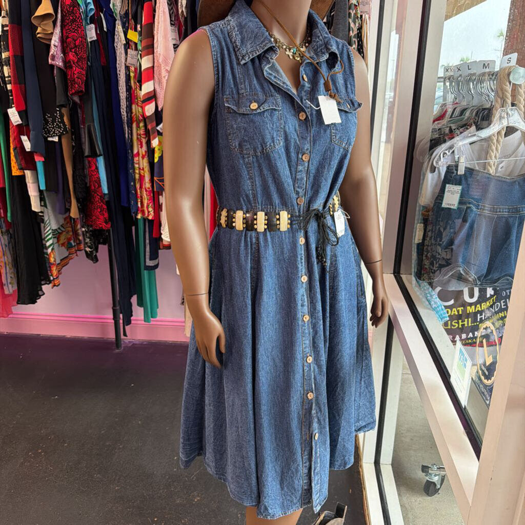 1X Sless BF Denim Maxi SW Dbl Pocket Cloth Belt Dress (Belt in pic is not included)