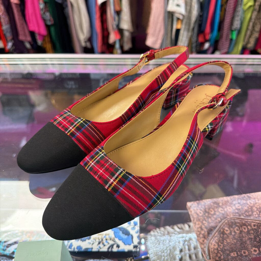 8 J Crew Tartan Low-Heel Black Toe Cap Slingbacks