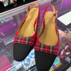 8 J Crew Tartan Low-Heel Black Toe Cap Slingbacks