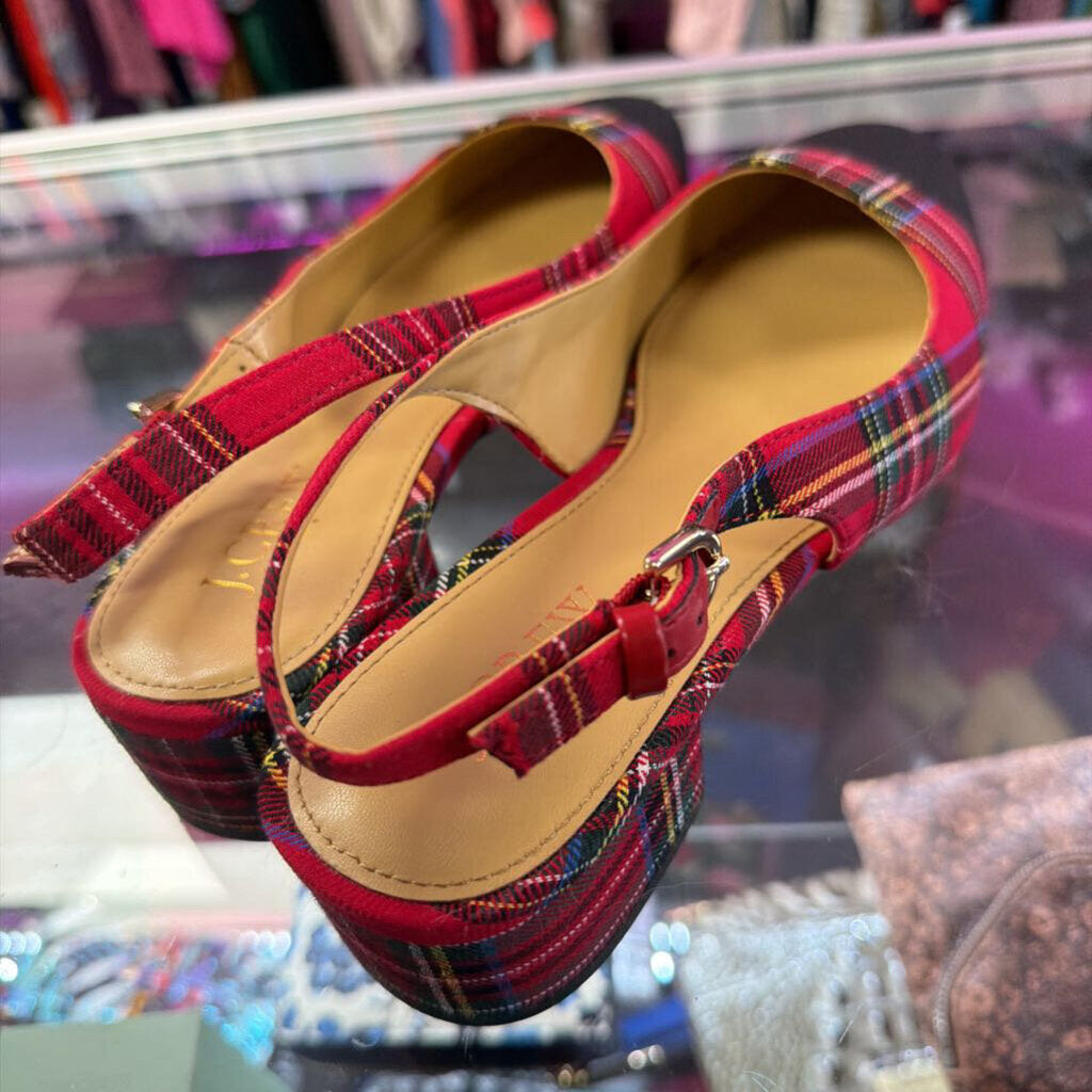 8 J Crew Tartan Low-Heel Black Toe Cap Slingbacks