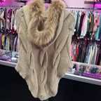 MD solid crochet poncho w/faux fur neckline