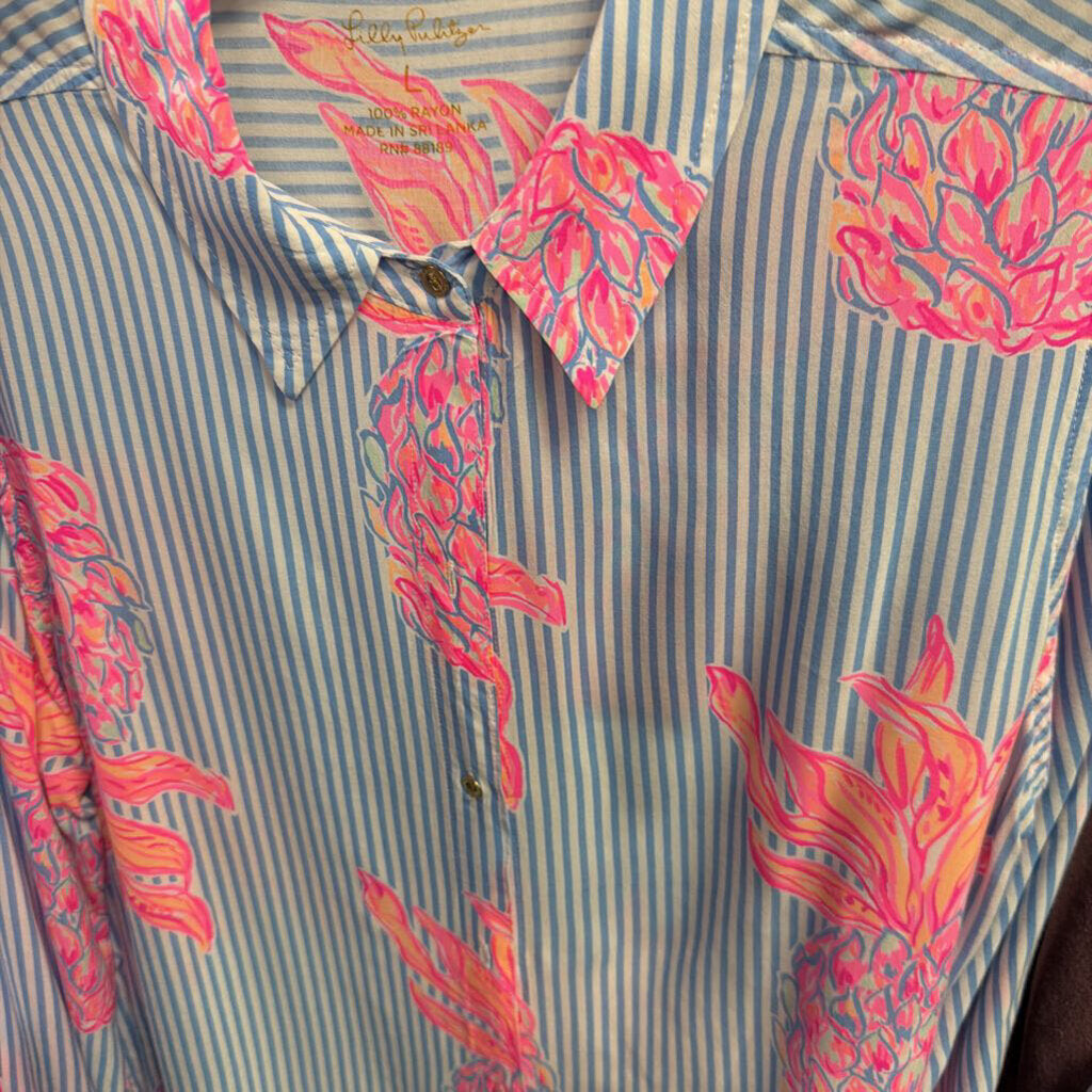 LG Lilly Pulitzer Sea View Button Down Peri Rum Swizzle Print Striped Coral