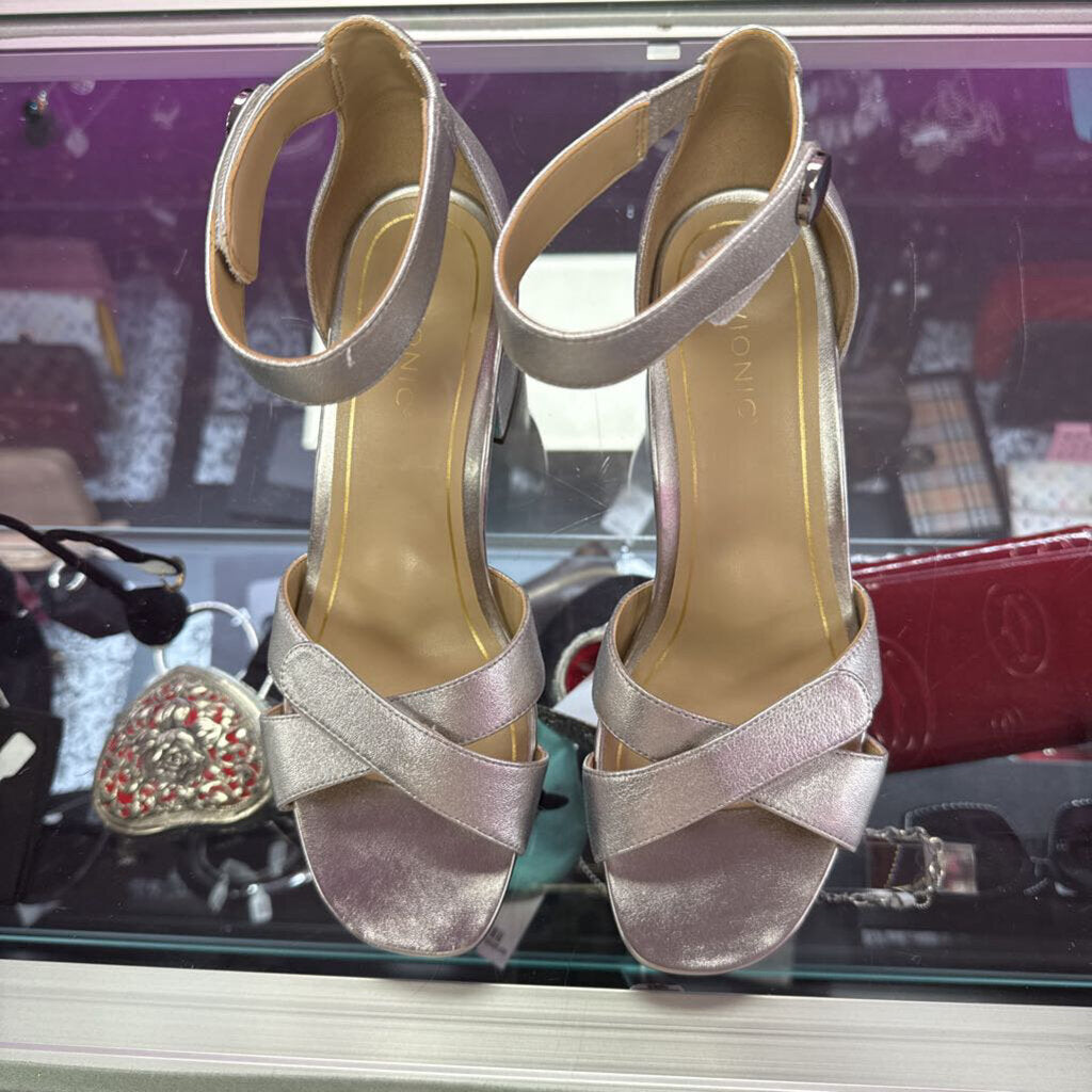 7.5 Vionic Criss Cross Ankle Adj. Straps Chunky Metallic Heel