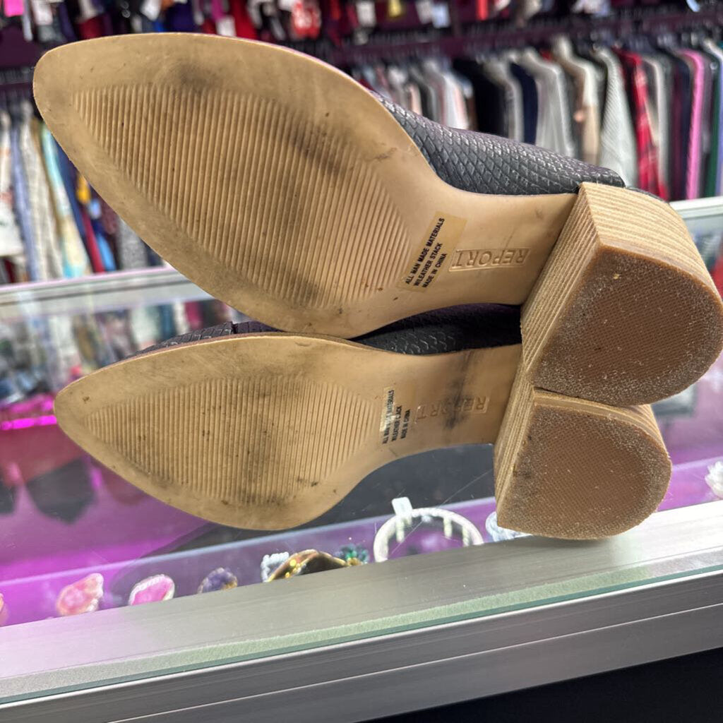 7 Report Pointed Stacked Heel Slide On Reptile Print Mule